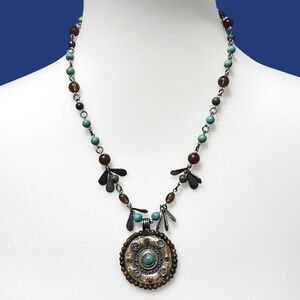 Linked Bead Pendant Necklace Antiqued Silver Tone Boho Hippie Southwestern VTG